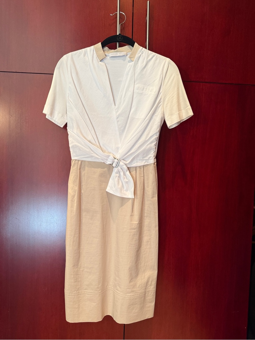 Fabian’s Filippi Two-Tone White and Beige Tie-Front Midi Dress